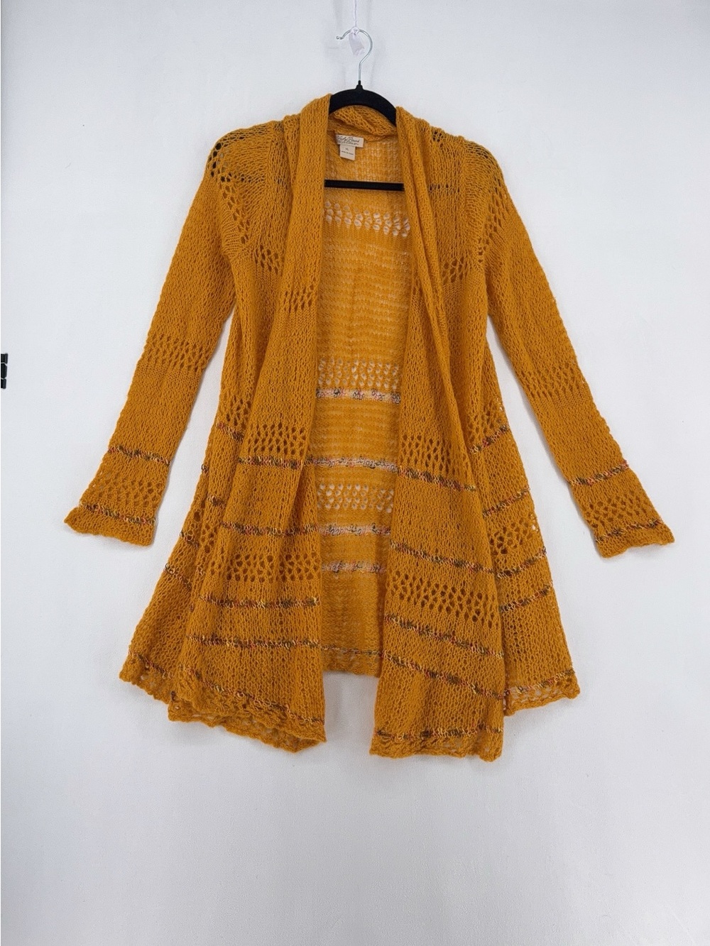 LUCKY BRAND Women’s Gold Orange Metallic Loose Knit Open Duster Cardigan Sz xl